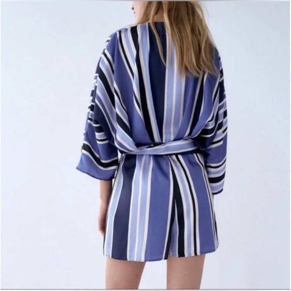 ZARA Spring Blue and White Stripe Satin Wrap Mini Romper Dress - Sz. Small - Picture 5 of 7